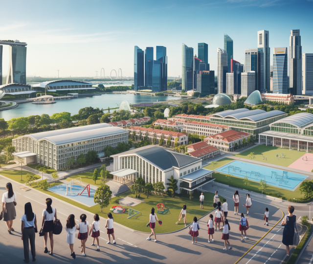 Aerial view of Singapore cityscape with diverse international schools, students, and parents in morning light.