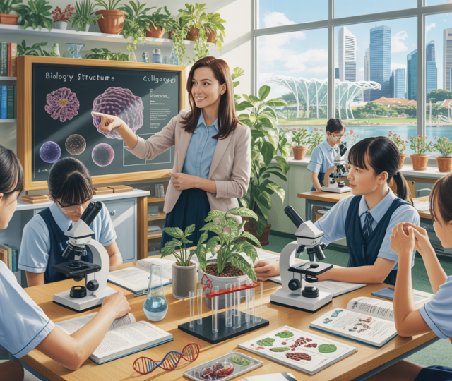 Biology tutor guides students in Singapore classroom with interactive whiteboard and science tools.
