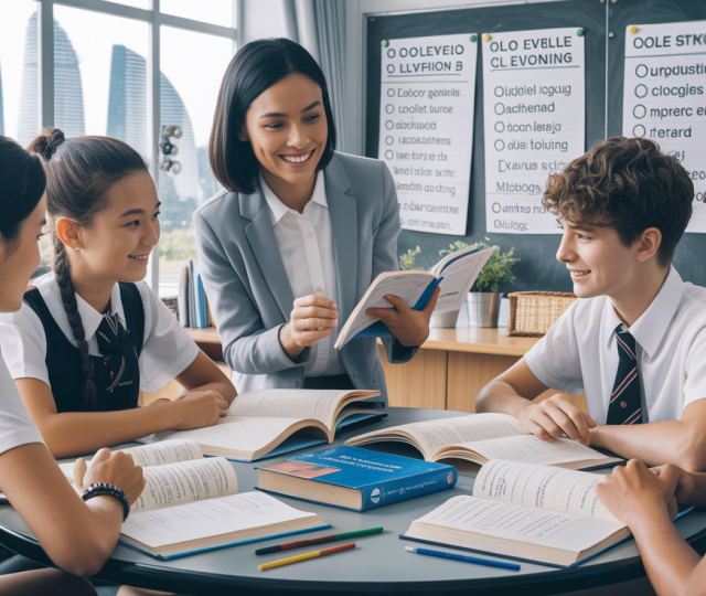 Engaging tutor with diverse students in a modern Singapore classroom.