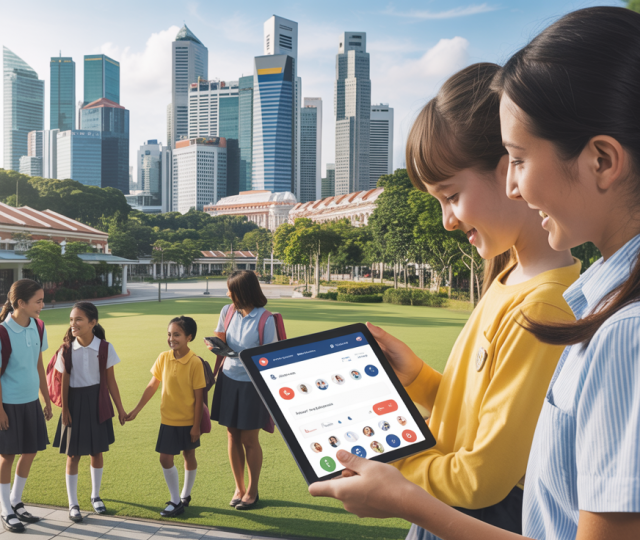 Singapore campus with diverse students; skyline, shophouses, lush greenery, morning light.