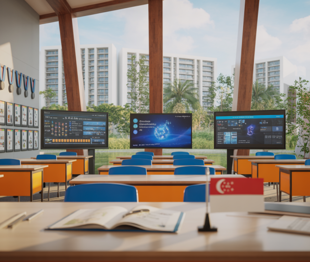 Sunlit Singapore classroom with digital screens, collaborative furniture, and science displays.
