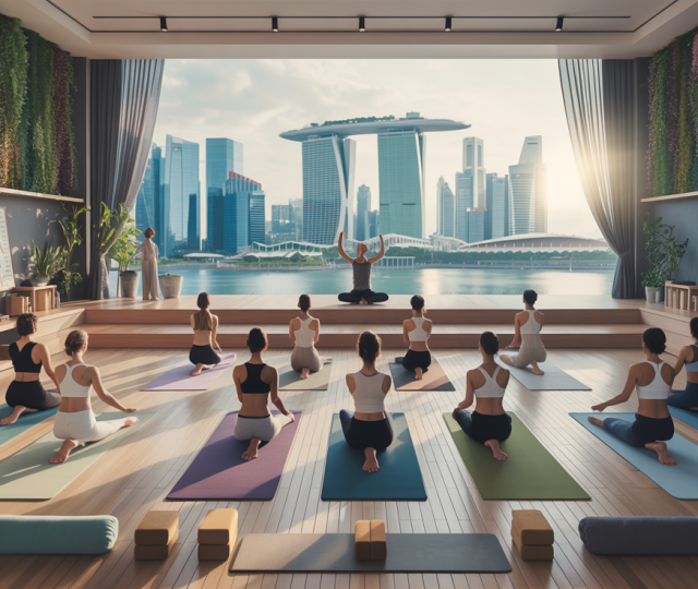 Yoga studio with Marina Bay Sands view, diverse teachers practicing, warm modern decor.