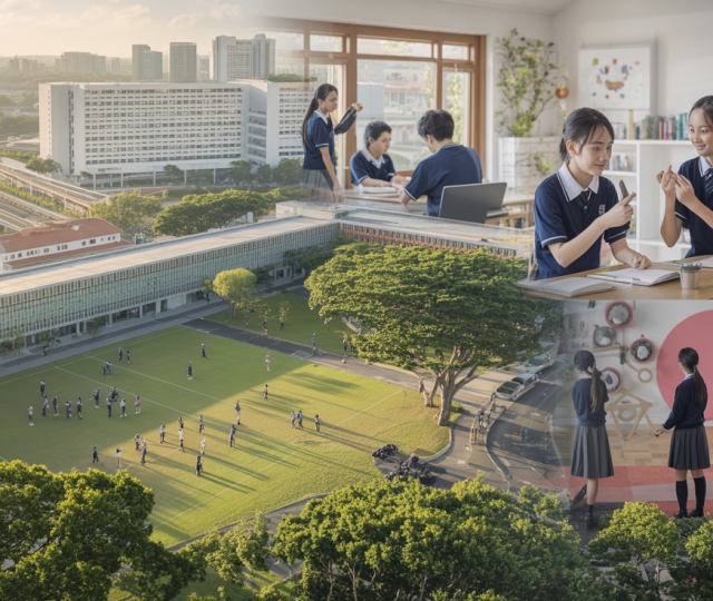 Aerial view of Peicai School in Hougang, students in activities, garden, HDB buildings.