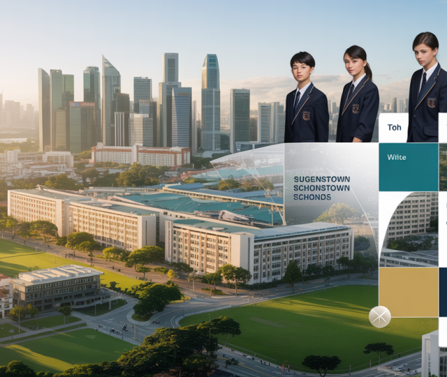 Aerial view of Queenstown, Singapore, with modern schools in sunlight, lush fields, and skyline.