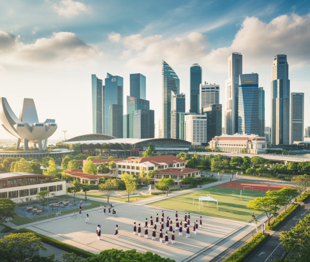 Aerial view of Singapore skyline with modern school campus, diverse students, late afternoon sun.