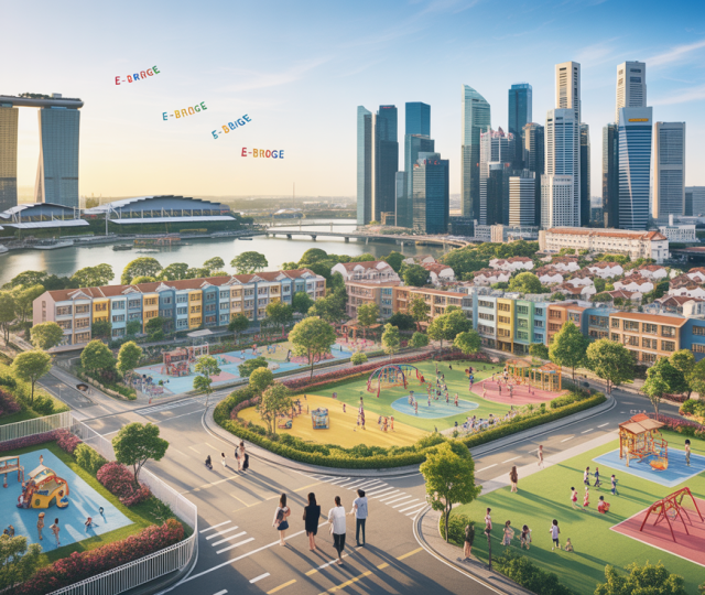 Aerial view of Singapore with E-Bridge Preschools, playgrounds, and landmarks at sunrise.