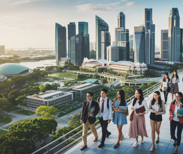 Aerial view of Singapore's educational skyline at golden hour with diverse students on campus.