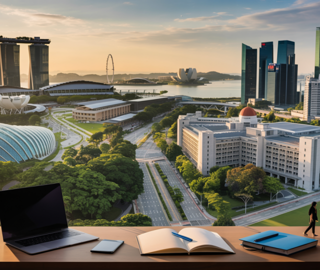 Aerial view of Singapore's universities at golden hour, with iconic campuses and skyline.
