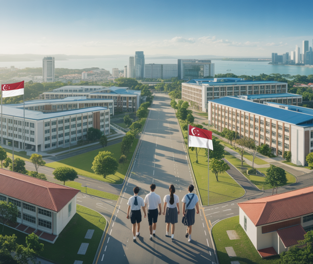 Aerial view of Singapore's Yishun, Sembawang schools amid greenery, students walking.