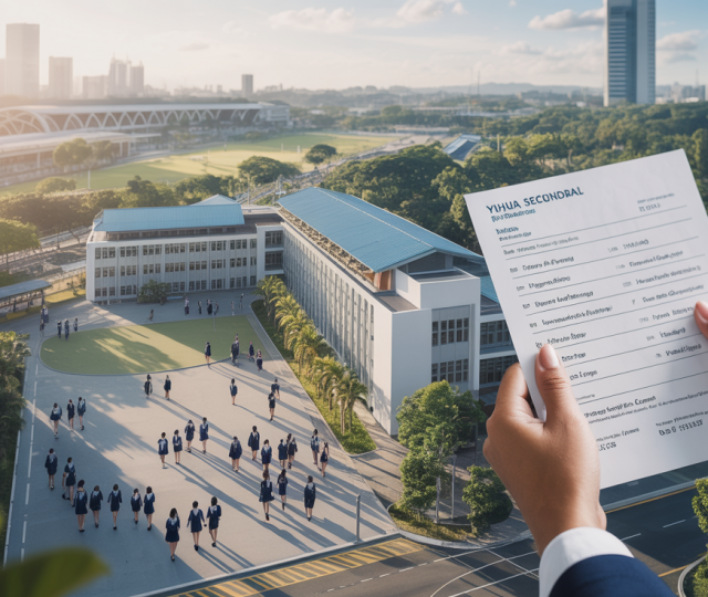 Aerial view of Yuhua Secondary School with students, lush greenery, and Jurong skyline.