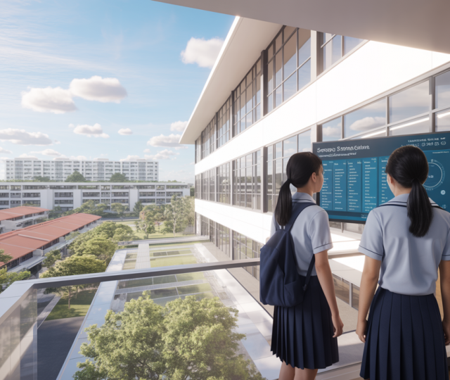 Bright hallway in Singapore school with students, digital displays, and neighborhood view.