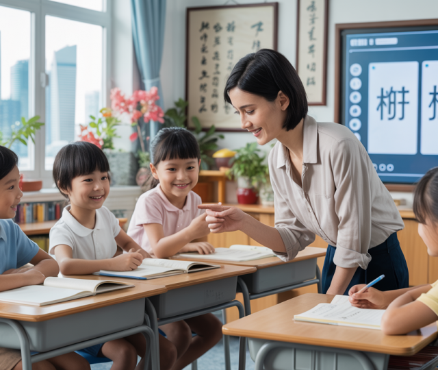 Bright Singapore classroom with Chinese tutor, students, and modern learning materials.