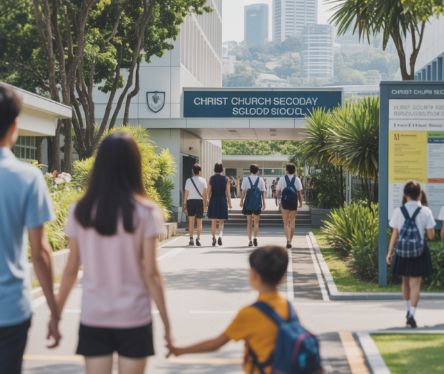 Christ Church Secondary School entrance with students, parents, lush plants, and urban backdrop.