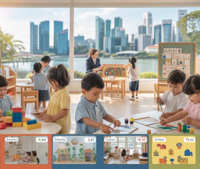 Diverse children in a sunny Singaporean classroom, painting and building blocks.