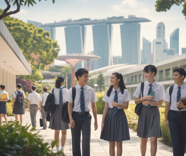 Diverse students in uniforms walk on a sunny Singapore school campus with skyline backdrop.