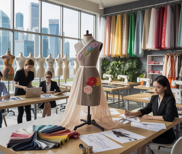 Fashion design studio in Singapore with students, mannequins, and skyline view.