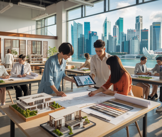 Modern design studio with students, skyline view, natural light, minimalist decor.