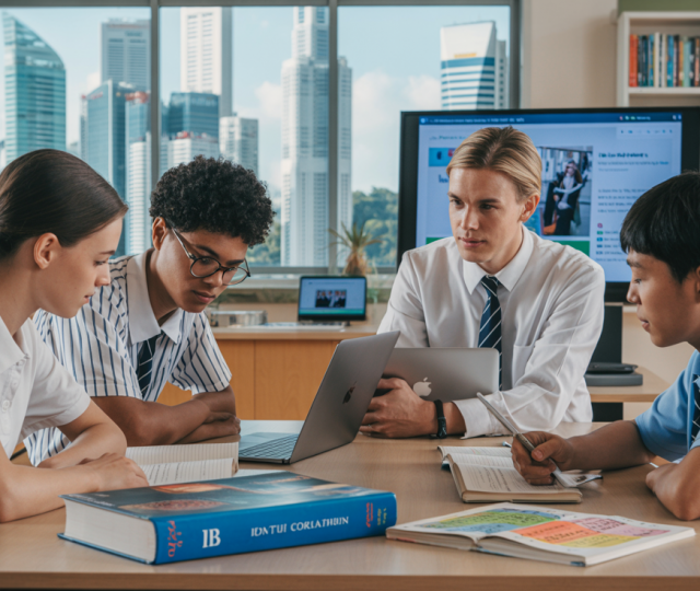 Modern Singapore classroom with tutor and students, IB materials, skyline view.