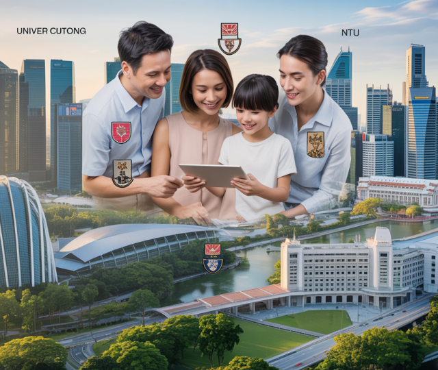 Panoramic view of Singapore campuses with family, digital tablet, skyline at golden hour.