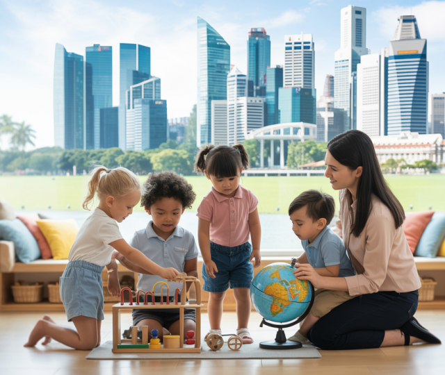 Preschool classroom with diverse children using Montessori toys, Singapore skyline view.