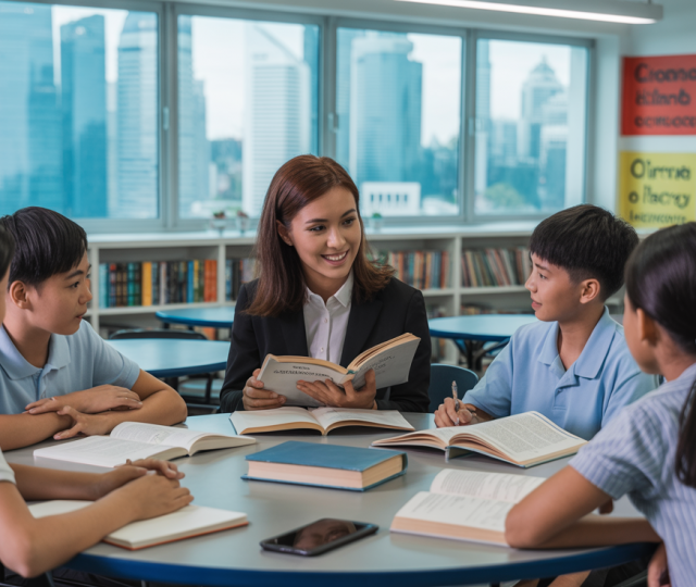 Singapore classroom with tutor and diverse students engaging at a round table.