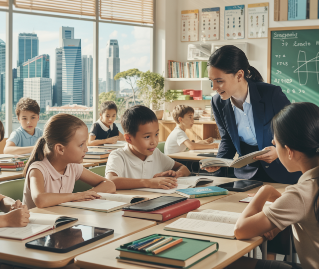 Singaporean classroom with diverse students and tutor, skyline view, tech-forward.