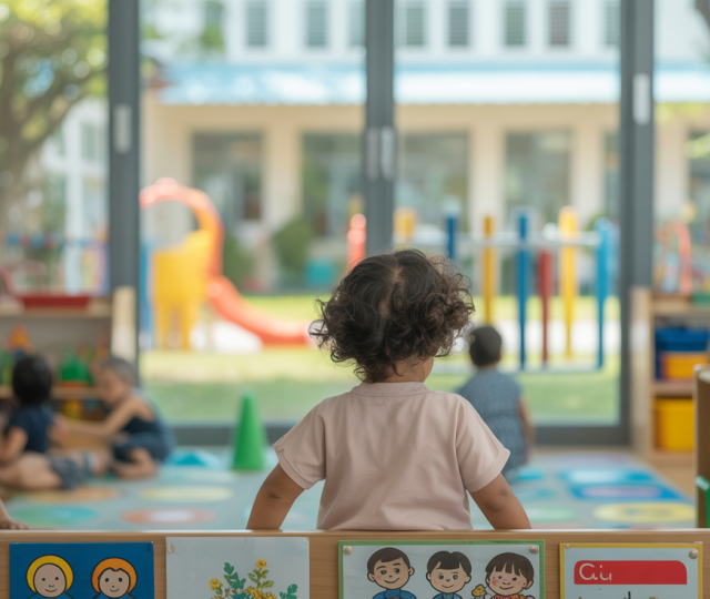 Singaporean preschool with Montessori materials, multicultural artwork, and modern tech.
