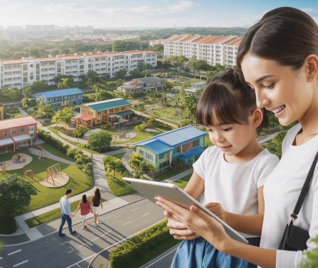 Sunlit aerial view of Singapore's Tampines with colorful preschools, greenery, and HDB apartments.