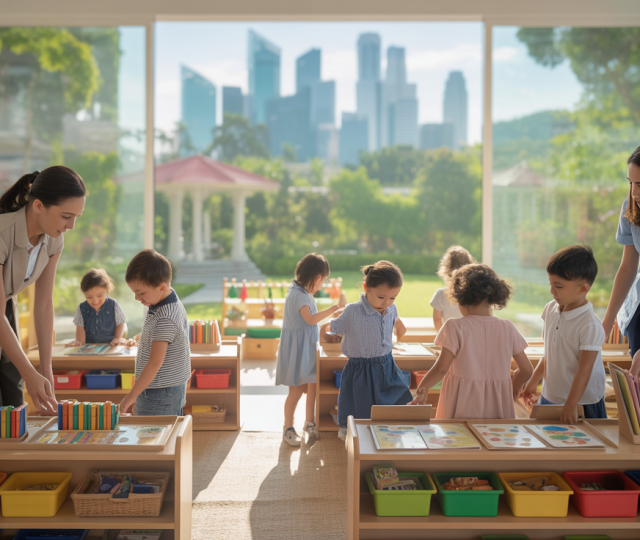 Sunlit classroom with diverse children, teachers, and colorful learning stations.