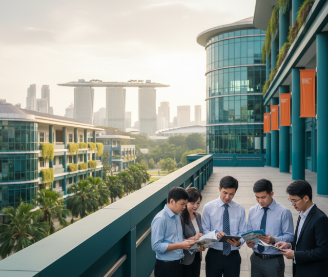 Aerial view of Singapore university with diverse parents consulting under walkway, modern buildings, skyline.