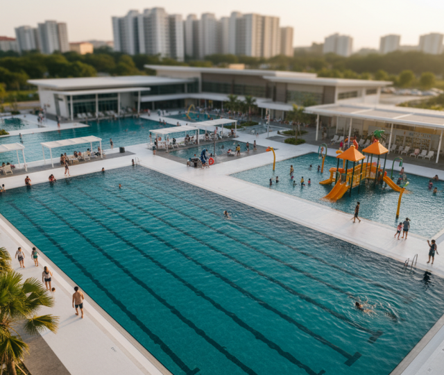 Aerial view of Singaporean swimming complex with pools, children playing, and HDB blocks in the background.
