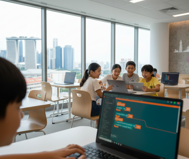 Diverse Asian children coding in a Singapore classroom, Marina Bay visible through windows.