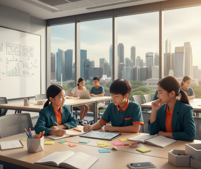 Diverse children collaborate on business projects in Singapore classroom, city skyline visible.