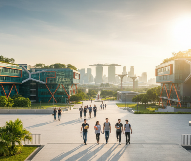 Diverse students walk through a modern Singapore campus with iconic architecture, Marina Bay in distance.