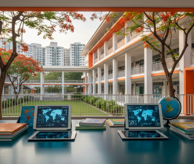 Modern Singapore school at golden hour, vibrant architecture, educational materials, lush greenery.