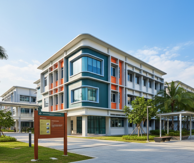 Modern Singapore school with teal and orange facade, tropical greenery, and wooden signboard.