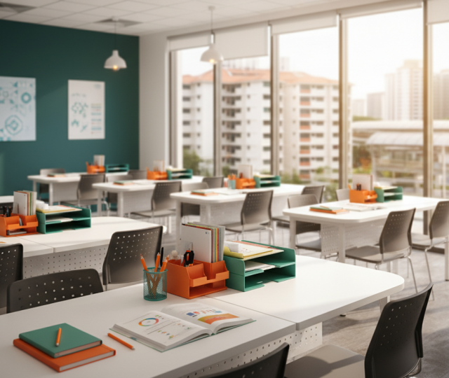 Modern Singapore tuition center with teal walls, neat desks, and natural light.