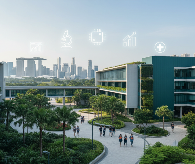 Modern Singapore university with students, Marina Bay skyline, STEM icons, lush greenery.