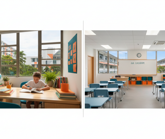 Split-screen of cozy HDB home study and modern primary school in Singapore.
