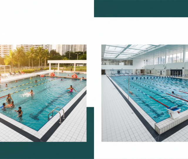 Split-screen showing vibrant outdoor family pool and indoor aquatic center in Singapore.