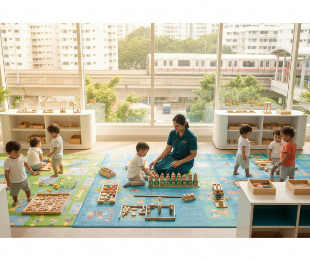 Aerial view of diverse toddlers in a Singapore preschool engaged in play with sunlight streaming in.
