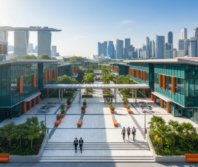 Aerial view of Singapore university campus with modern glass buildings, tropical greenery, students, and skyline.