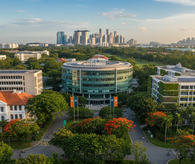 Aerial view of Singapore university with modern curved buildings, lush greenery, and Marina Bay skyline.