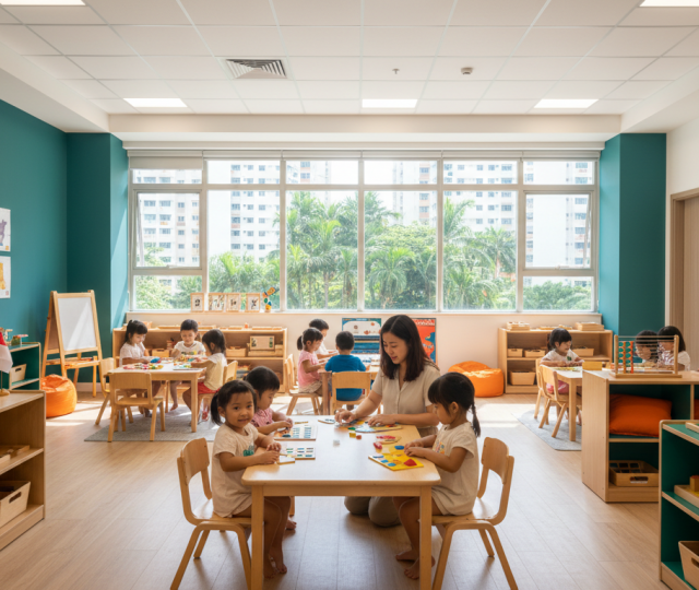 Bright Singaporean preschool with diverse children learning at low tables, teacher assisting.