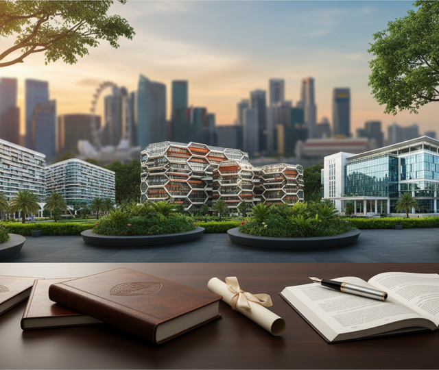 Dynamic banner of iconic Singapore university buildings with academic items, tropical landscaping, and skyline.