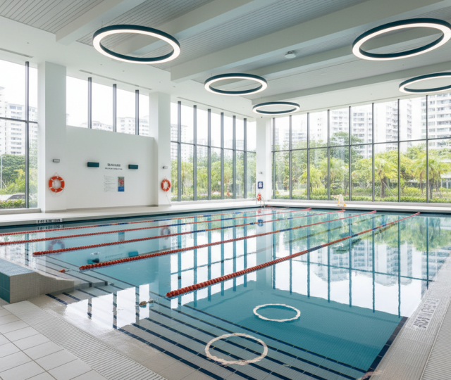 Modern indoor teaching pool in Singapore with colorful lane dividers, clear water, and tropical views.