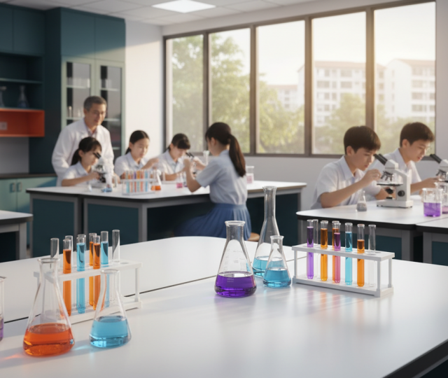 Modern science classroom in Singapore with students, lab equipment, and tropical greenery.