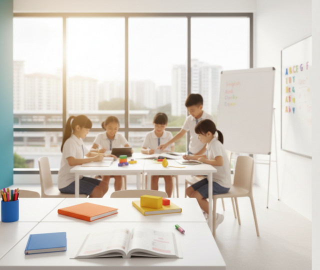 Modern Singapore classroom with students, books, bright lighting, and urban skyline view.