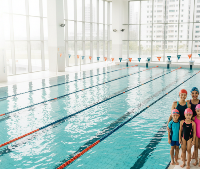 Modern Singapore pool scene with happy Asian family, turquoise water, HDB blocks, inviting atmosphere