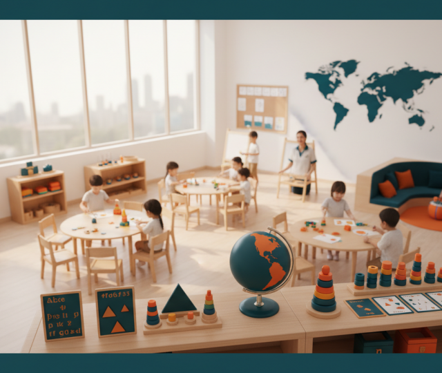 Modern Singapore preschool with children, Montessori stations, bright daylight, and city skyline view.
